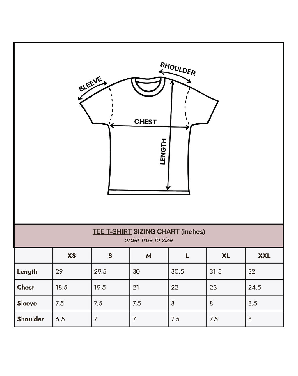 T-shirt sizing chart with measurements on a white background