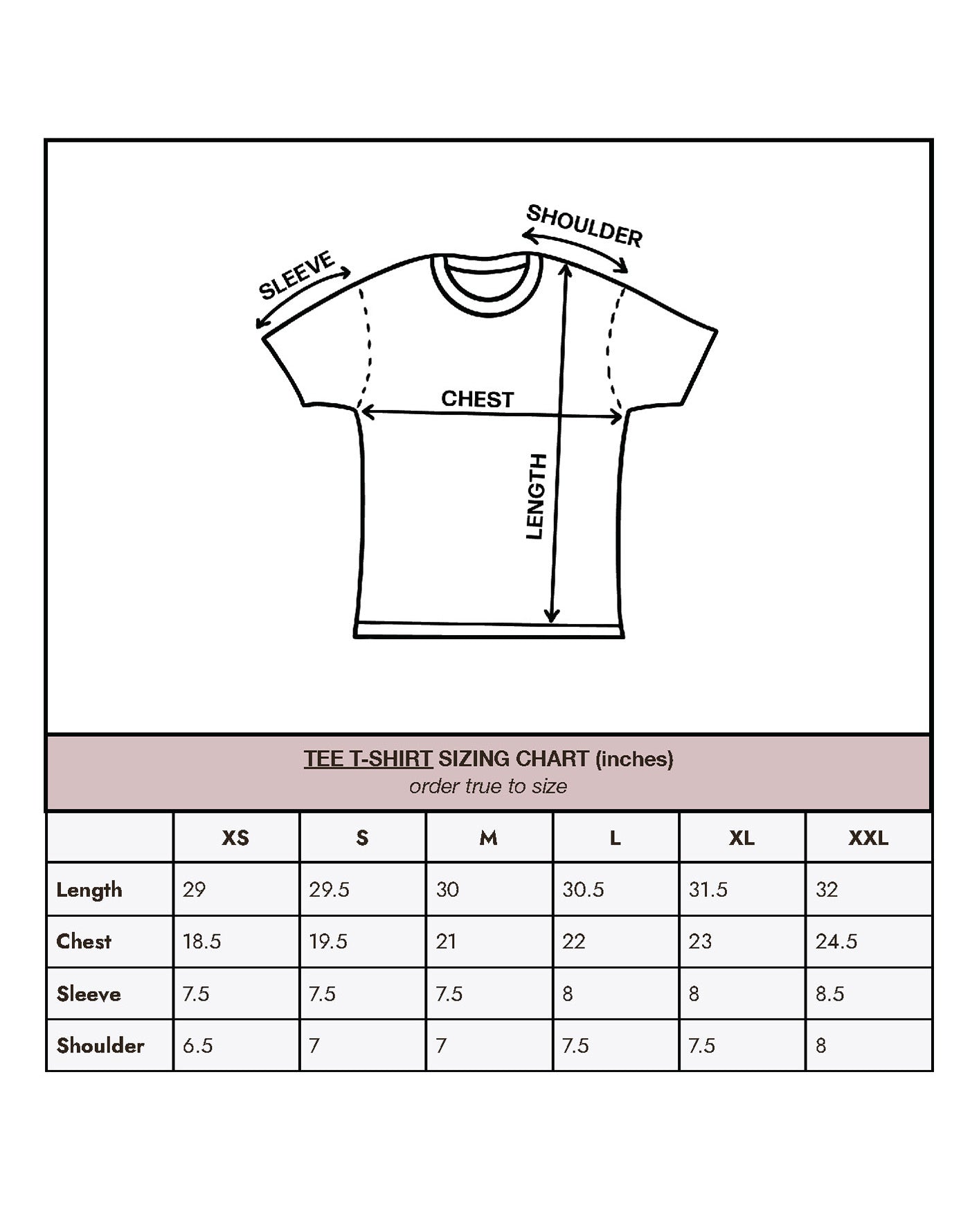 T-shirt sizing chart with measurements on a white background